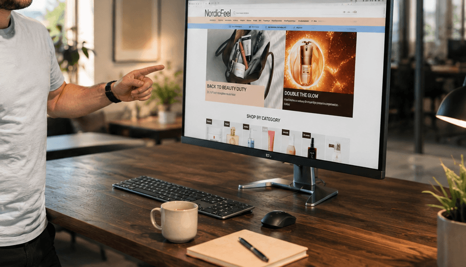 AI-genererad visualisering av NordicFeels e-handelsupplevelse på en bildskärm.