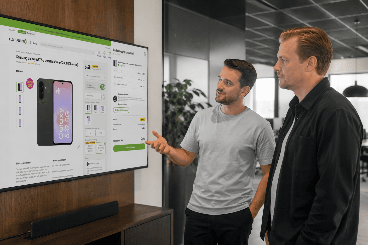 AI-genererad visualisering av Elgigantens produkt- och kundkorgsvy på en stor bildskärm.
